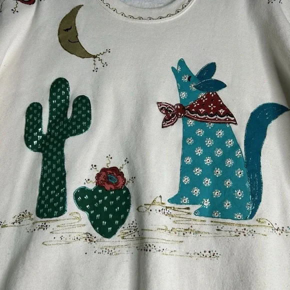 Vintage Southwestern Style Sweatshirt Women Size 2xl All Over Print Coyote Moon - Picture 8 of 11